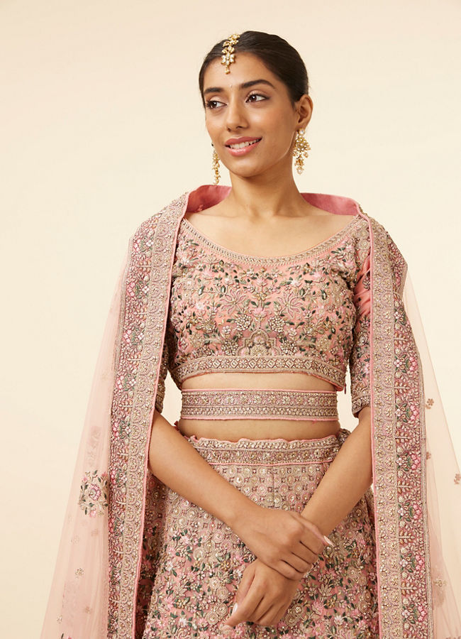 Geranium Pink Bel Buti Patterned Bridal Lehenga image number 2